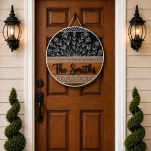 Crafted custom family name door sign.
