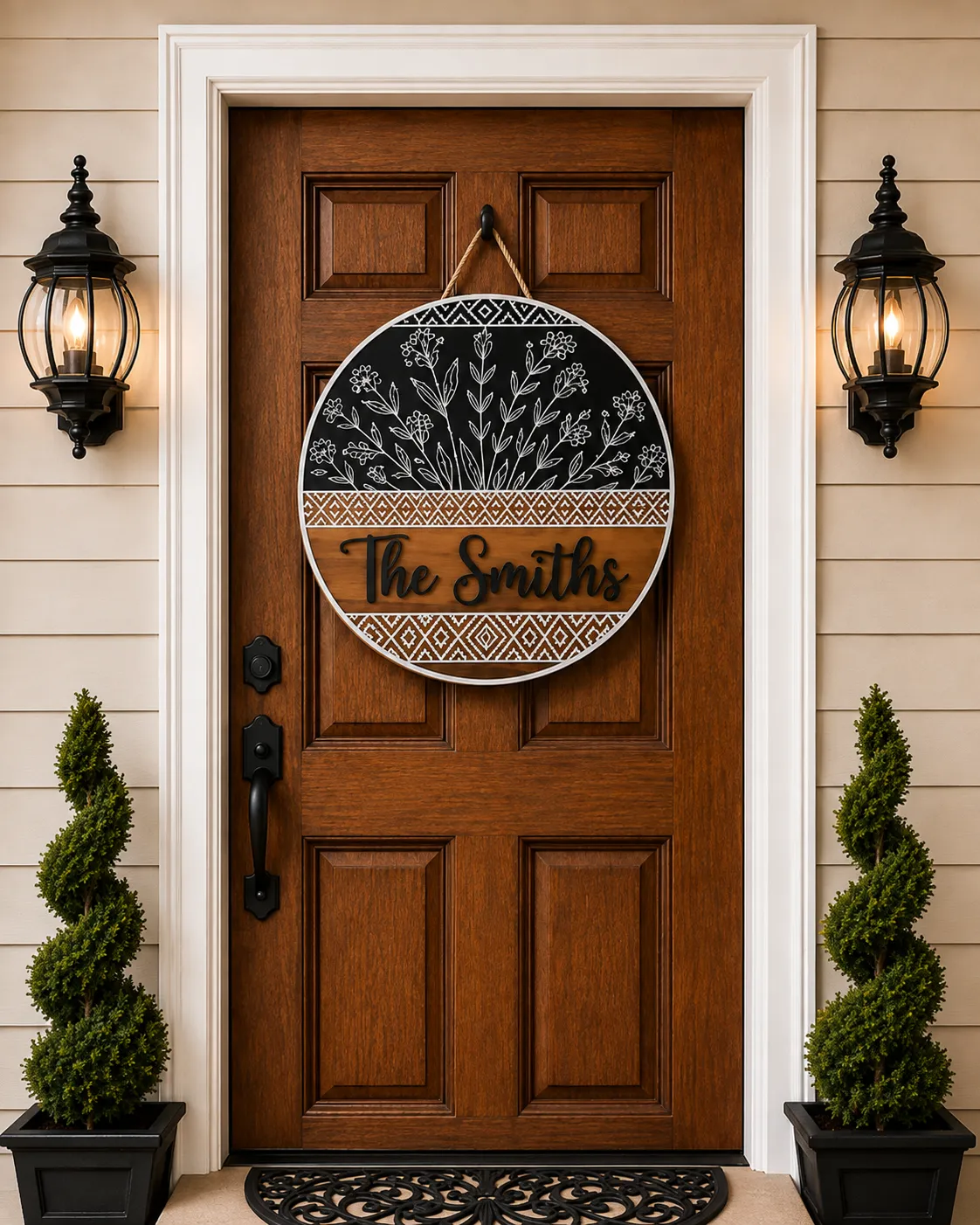 Crafted custom family name door sign.